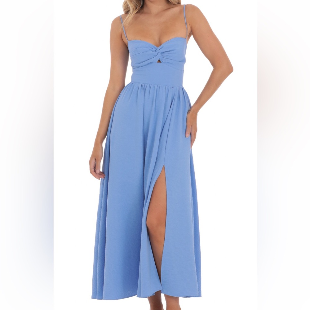 Lucy in the Sky: Front Twist Midi Dress in Blue - Size Small